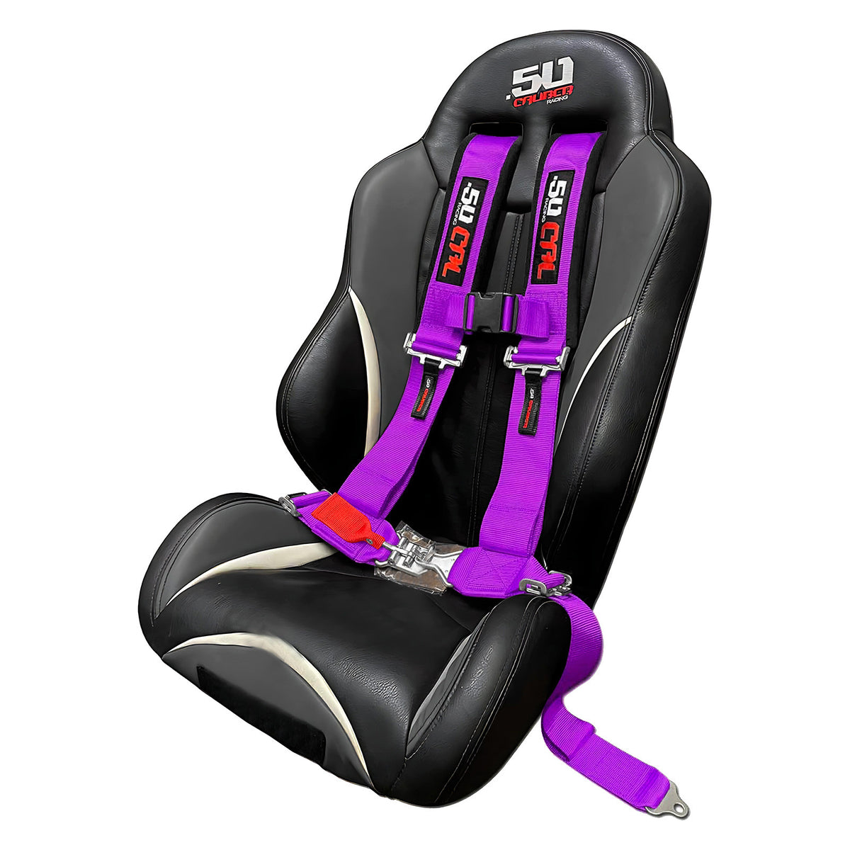 Purple | Purple 4-point UTV harness, 3" straps, shown installed on a custom UTV bucket seat with harness pass through