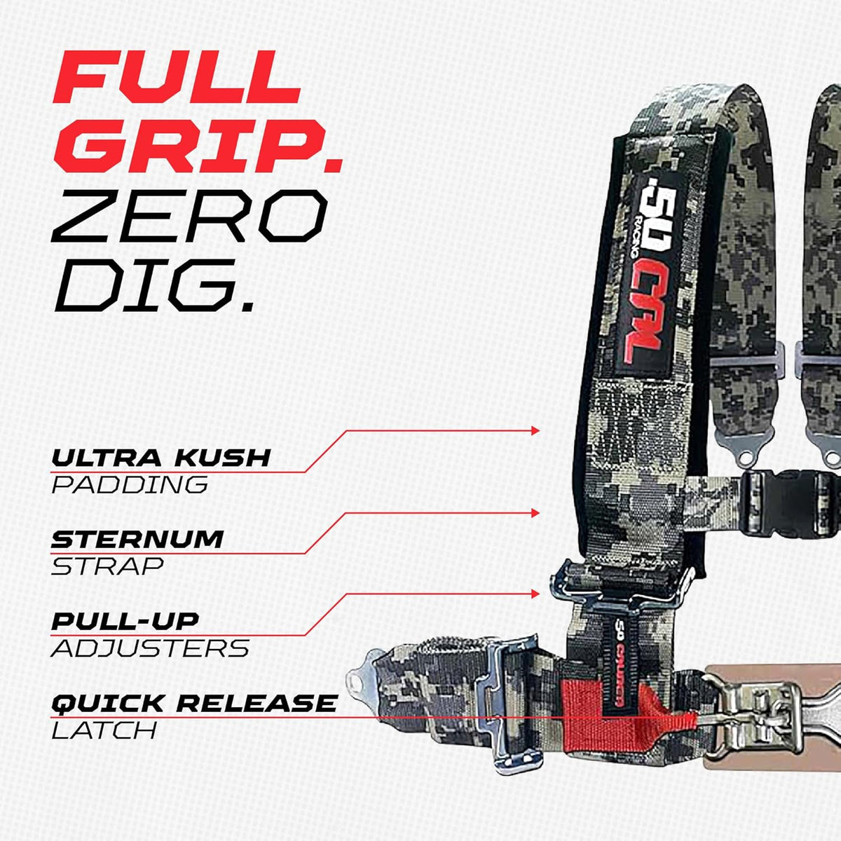 Carbon Camo | Full Grip, Zero Dig: thick shoulder pads, sternum strap, EZ pull-up adjusters, latch-style quick release, Camo webbing.