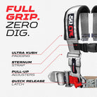 Ghost Gray | Full Grip, Zero Dig: thick shoulder pads, sternum strap, EZ pull-up adjusters, latch-style quick release, Silver webbing.