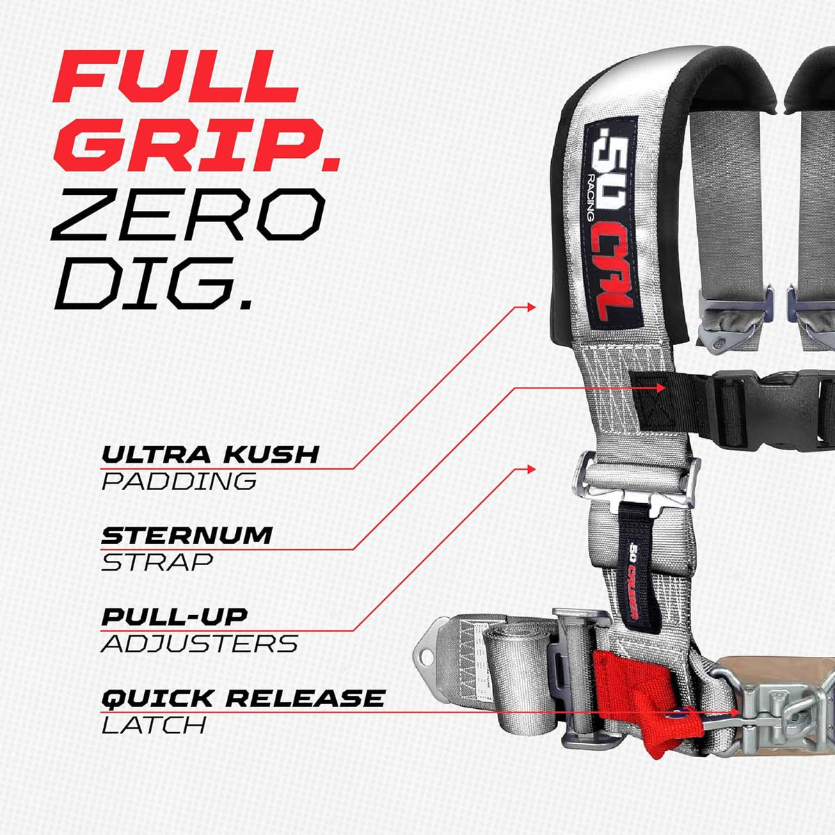 Ghost Gray | Full Grip, Zero Dig: thick shoulder pads, sternum strap, EZ pull-up adjusters, latch-style quick release, Silver webbing.