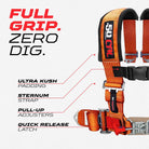 Blaze Orange | Full Grip, Zero Dig: thick shoulder pads, sternum strap, EZ pull-up adjusters, latch-style quick release, Orange webbing.