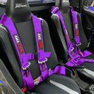 Purple | Purple 4-point UTV harness, 3" main straps, latch-style quick release, shown installed in Kawasaki KRX