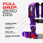 Purple | Full Grip, Zero Dig: thick shoulder pads, sternum strap, EZ pull-up adjusters, latch-style quick release, Purple webbing.