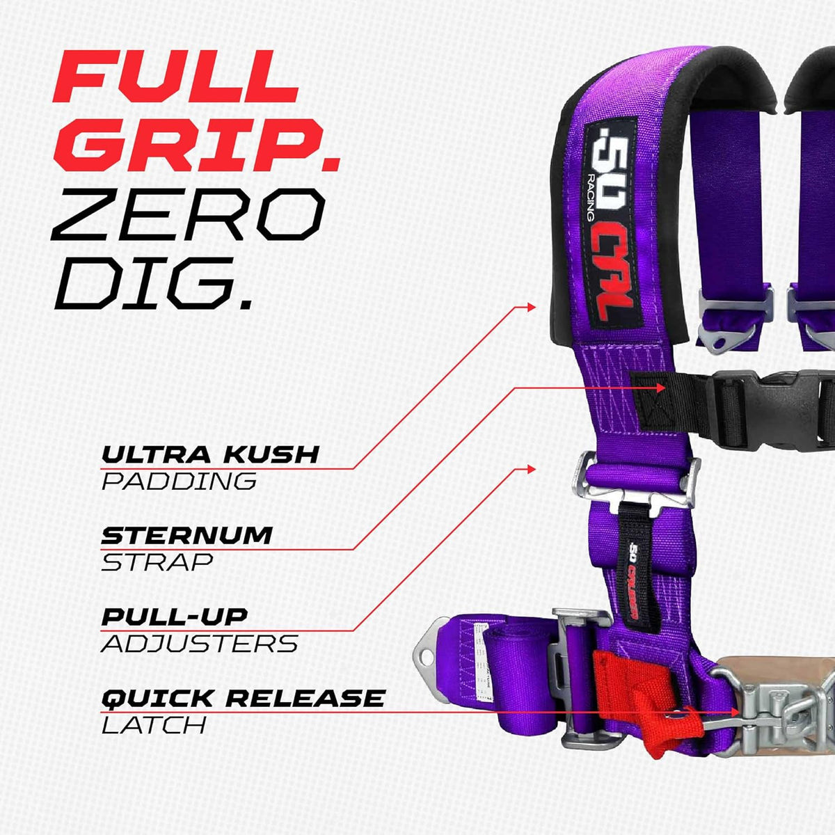 Purple | Full Grip, Zero Dig: thick shoulder pads, sternum strap, EZ pull-up adjusters, latch-style quick release, Purple webbing.