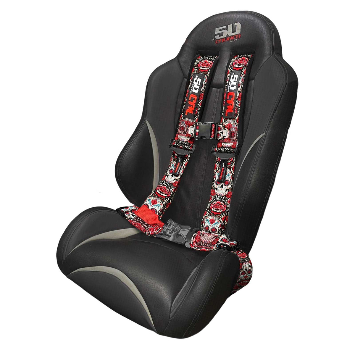 Red Sugar Skull | 50 Caliber Racing  Elite Series 4-Point UTV Harness Installed on Bucket Seat