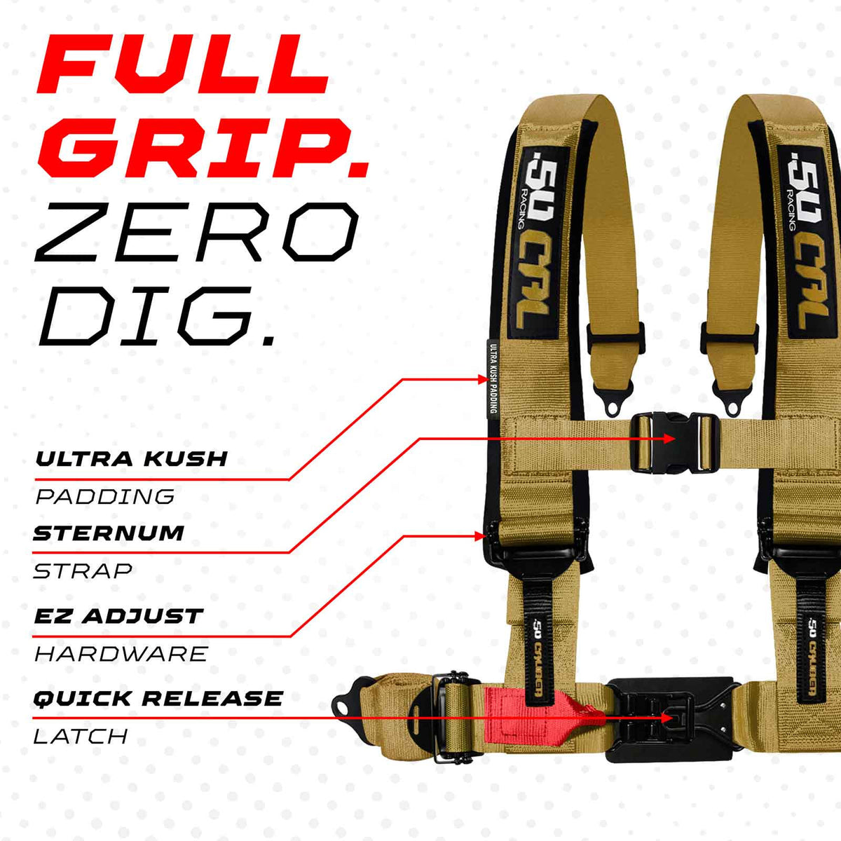 Baja Gold | 50 Caliber Racing  Elite Series 4-Point UTV Harness Features – Baja Gold