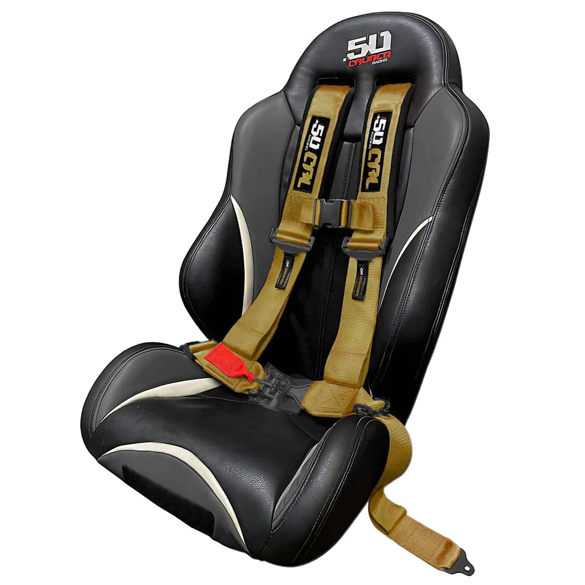Baja Gold | 50 Caliber Racing Elite Series 4-Point UTV Harness Installed on Bucket Seat - Baja Gold