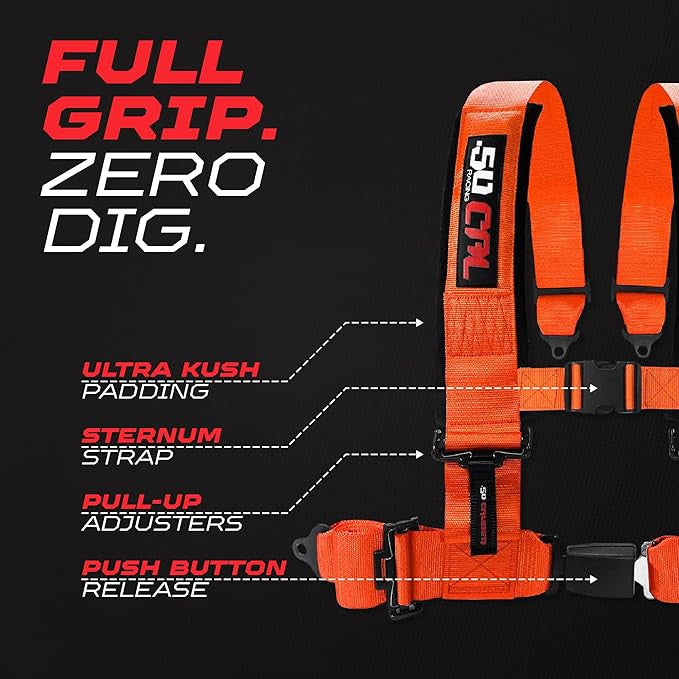 Blaze Orange | Orange | Orange 50 Caliber Racing Pro Series UTV harness. Full Grip Zero Dig.