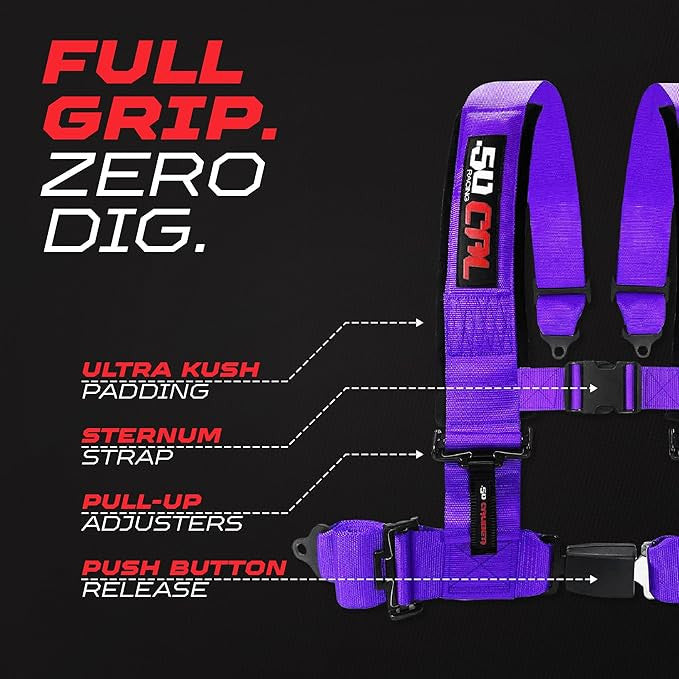 Purple | Purple 50 Caliber Racing Pro Series UTV harness. Full Grip Zero Dig.