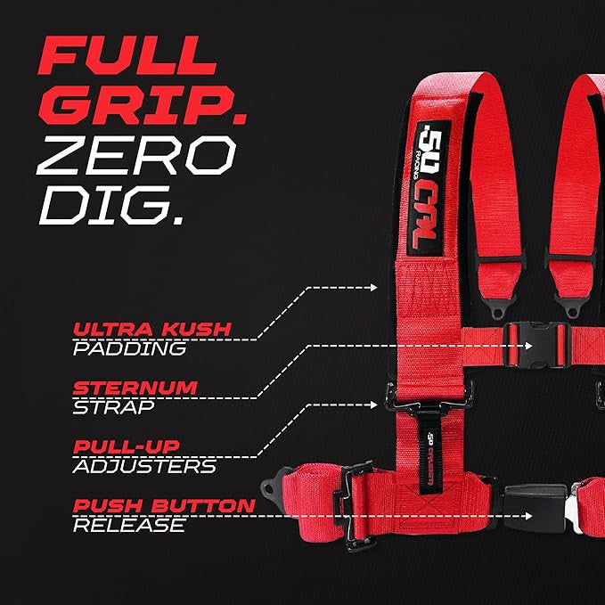 Rage Red | Red | Red 50 Caliber Racing Pro Series UTV harness. Full Grip Zero Dig.