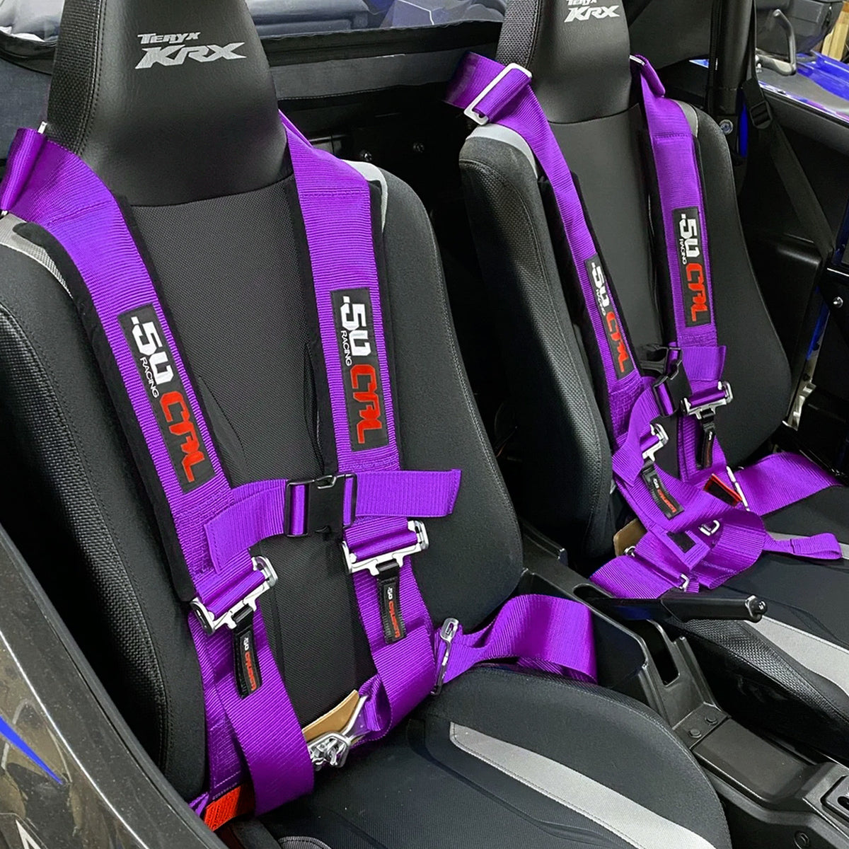 Purple | Purple 4-point UTV harness, 3" main straps, latch-style quick release, shown installed in UTV