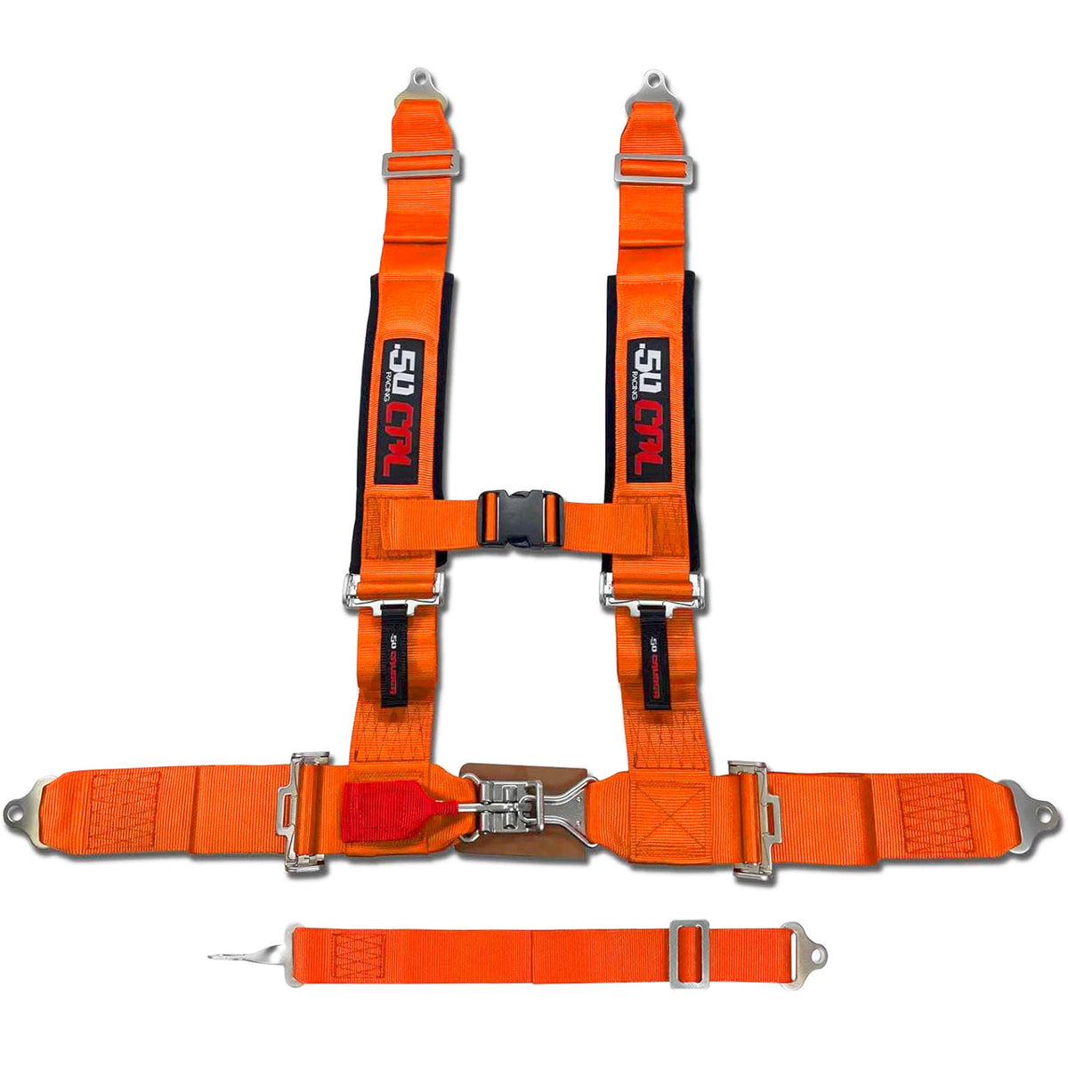 Blaze Orange | Orange | orange 5 point utv harness laid flat showing heavy duty webbing