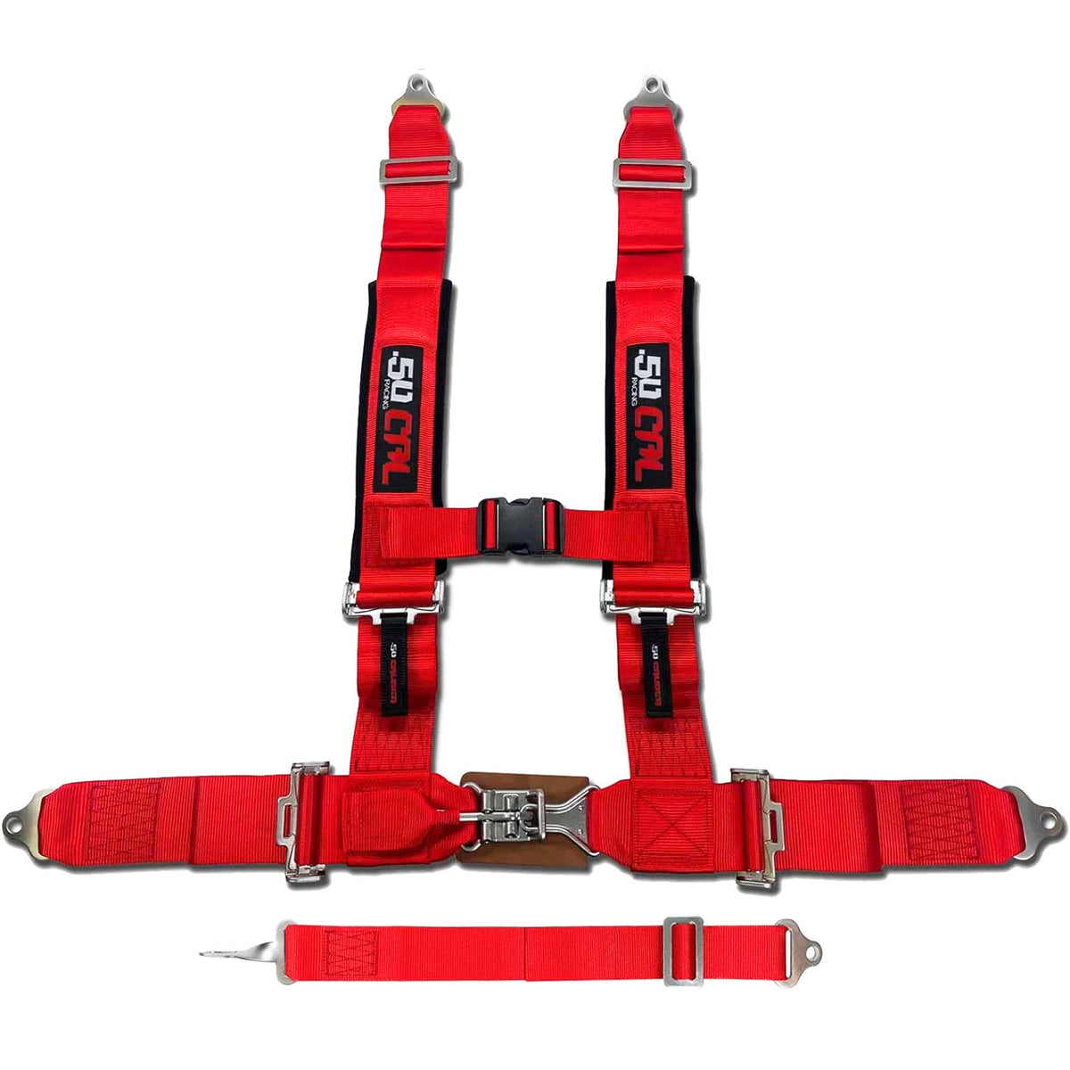 Rage Red | Red | red 5 point utv harness laid flat showing webbing hardware and padding