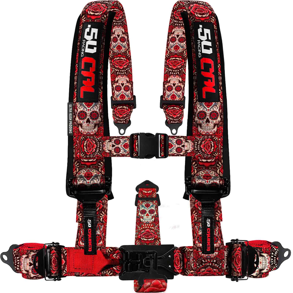 Red Sugar Skull | 50 Caliber Racing Elite Series Red Sugar Skull 5 Point UTV Harness Premium Off Road Safety