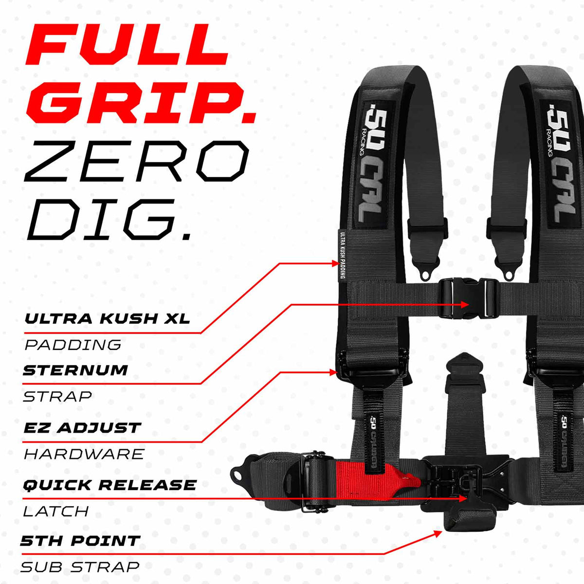 Stealth Black | 50 Caliber Racing Stealth Black Harness Full Grip Zero Dig Comfort Technology