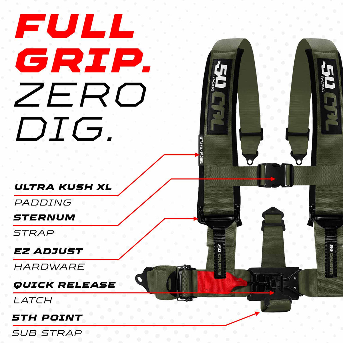 Recon Green | 50 Caliber Racing Recon Green Harness Full Grip Zero Dig Comfort Technology for Can Am Maverick