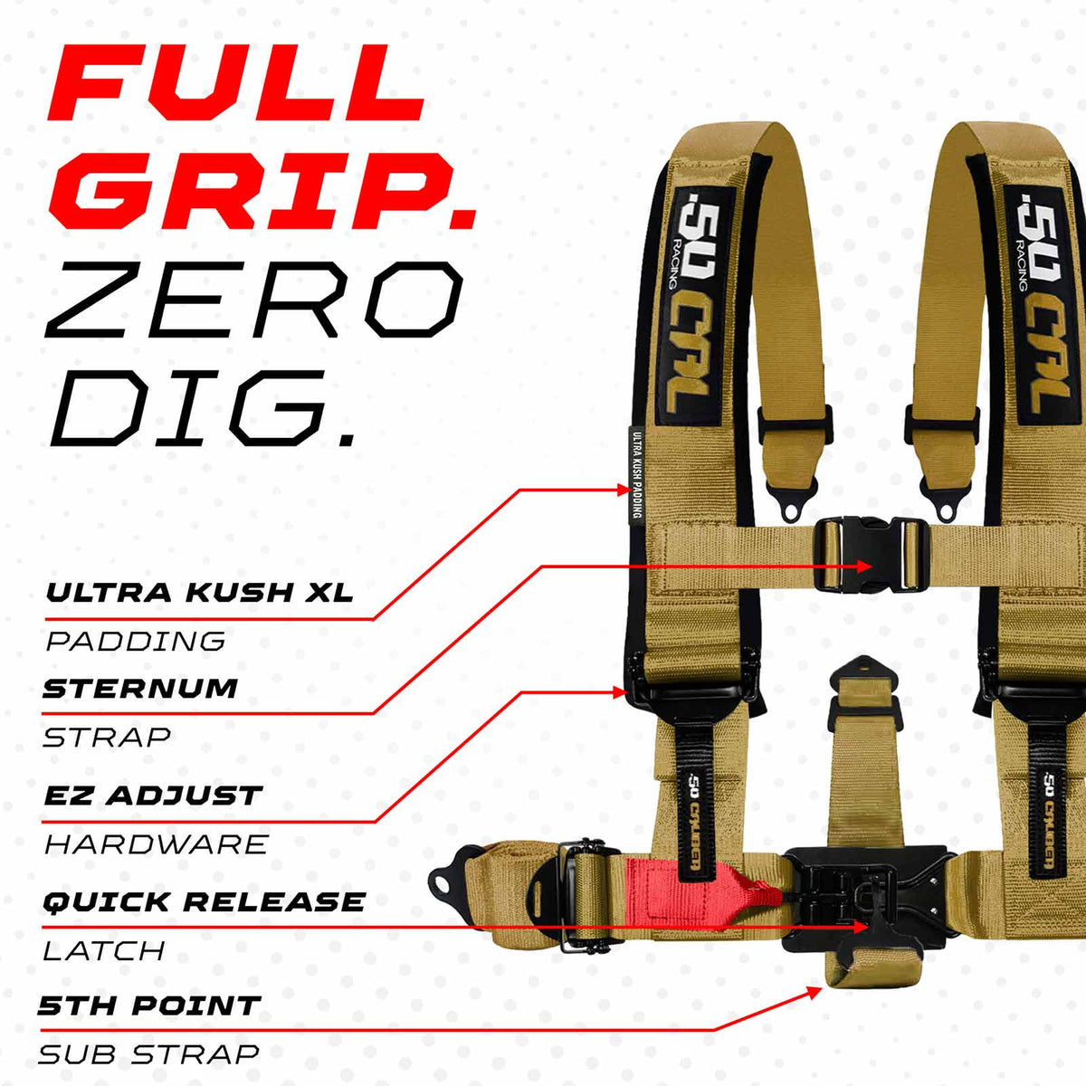 Baja Gold | 50 Caliber Racing Baja Gold Harness Full Grip Zero Dig Comfort Technology for Polaris RZR
