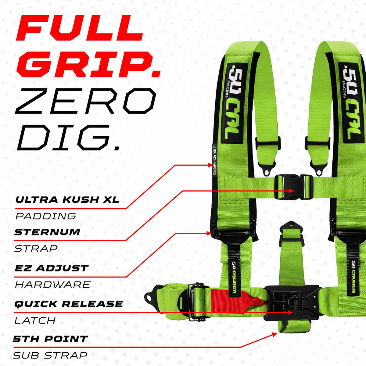 Toxic Lime | 50 Caliber Racing Toxic Lime Harness Full Grip Zero Dig Comfort Technology