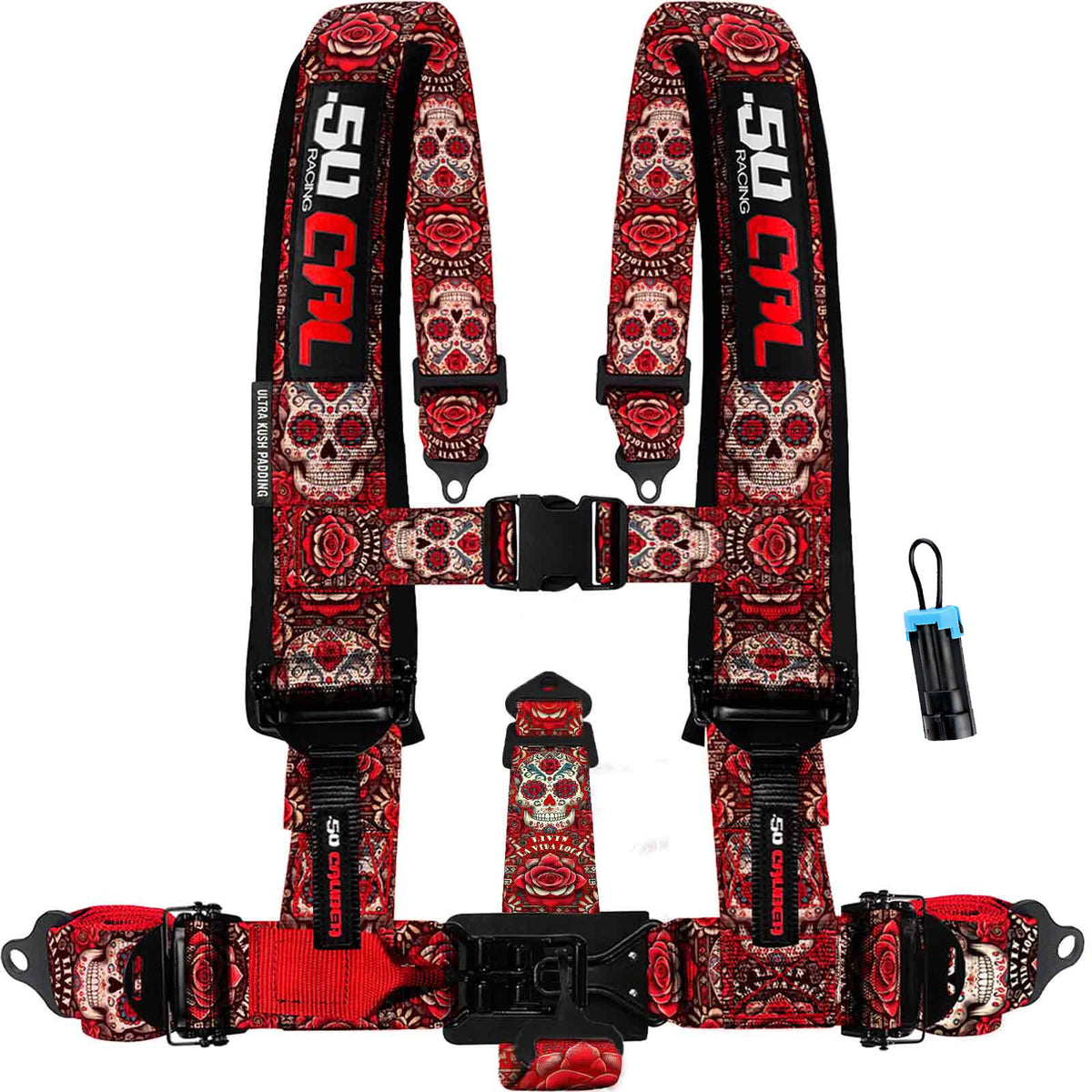 Red Sugar Skull | Death Trap | 50 Caliber Racing Elite Series Red Sugar Skull 5-Point UTV Harness for Polaris RZR & Can Am Maverick w/ Bypass Plug