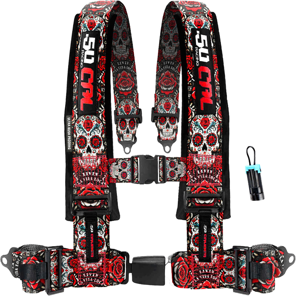 Red Sugar Skull | 50 Caliber Racing Elite Series Red Sugar Skull 4 point Harness w/ Bypass Plug for Polaris and Can-Am UTVs