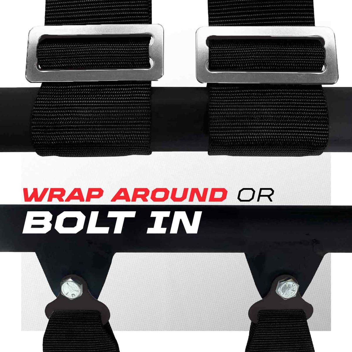 Stealth Black | Mounting options: Shoulder straps can wrap-around roll cage, or bolt-in using removeable tabs.