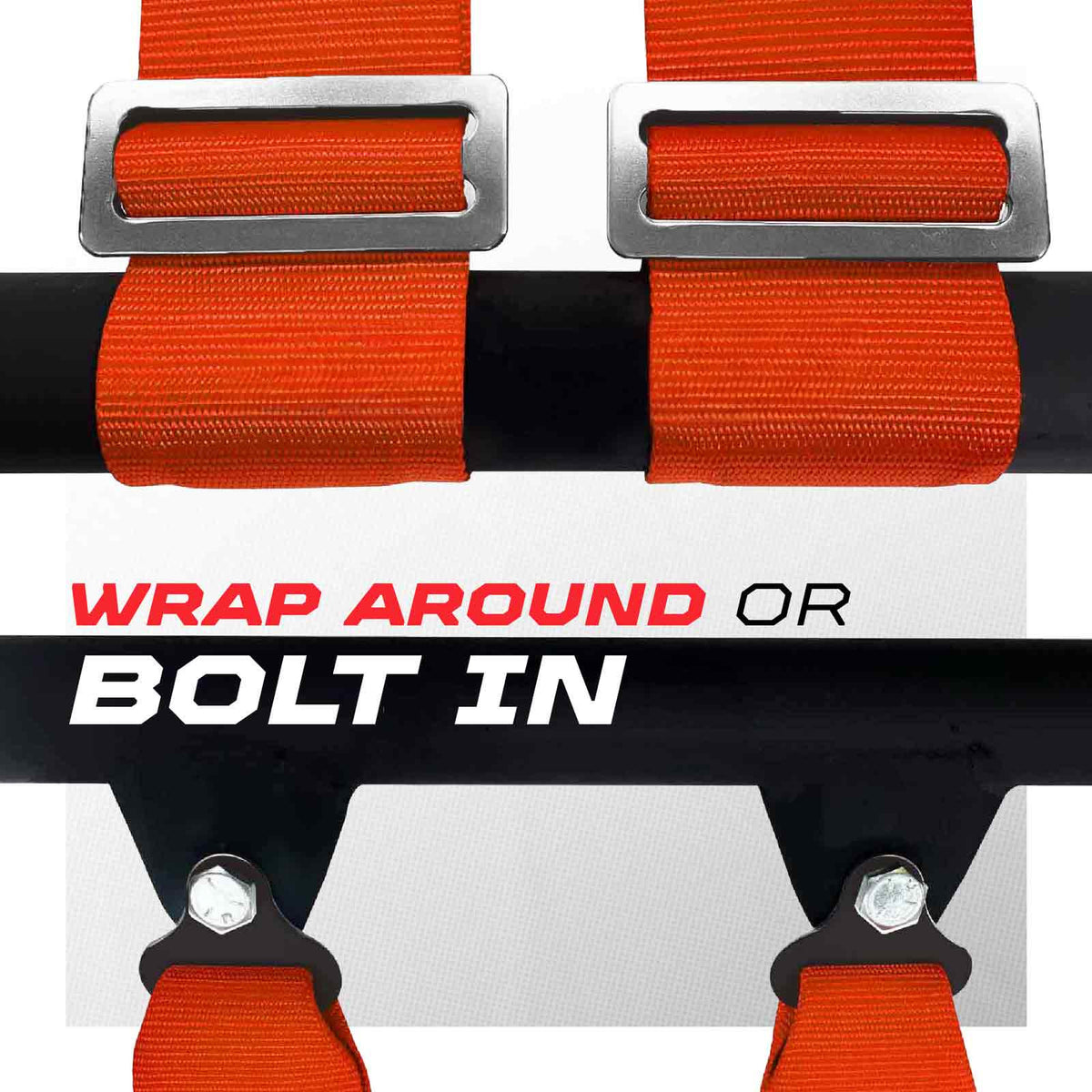 Blaze Orange | Mounting options: Shoulder straps can wrap-around roll cage, or bolt-in using removeable tabs.