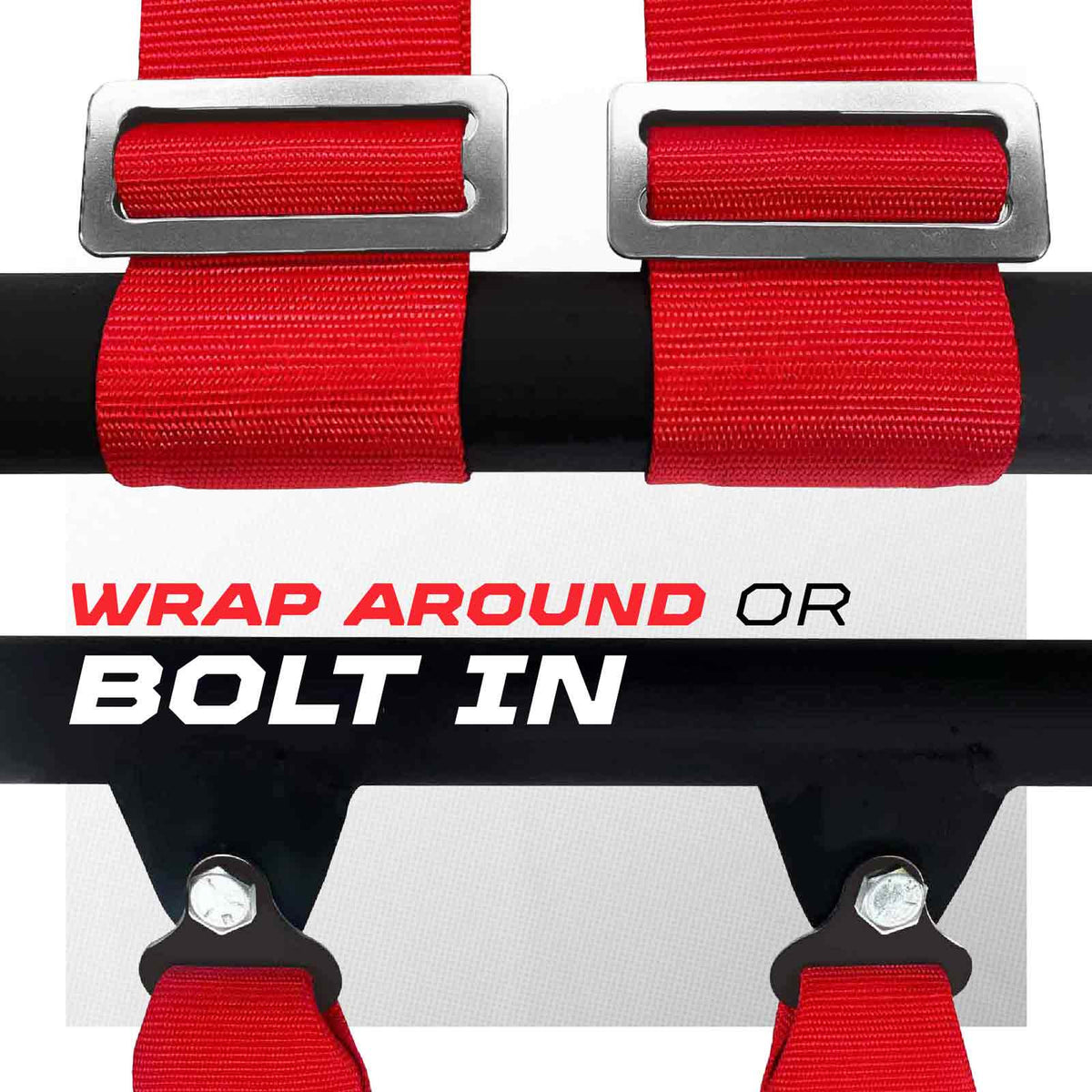Rage Red | Mounting options: Shoulder straps can wrap-around roll cage, or bolt-in using removeable tabs.