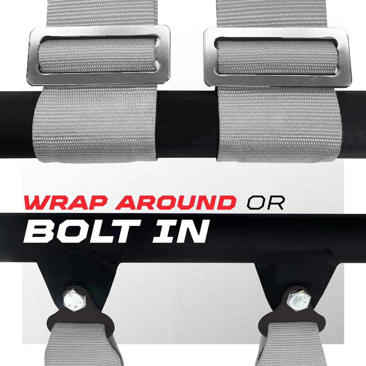 Ghost Gray | Mounting options: Shoulder straps can wrap-around roll cage, or bolt-in using removeable tabs.