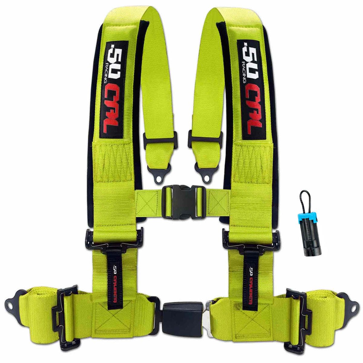 Fluorescent Green | Flourescent Yellow | Flourescent Green | 50 Caliber Racing Pro Series fluorescent yellow 4-point UTV harness with bypass for Polaris RZR and Can-Am Maverick X3