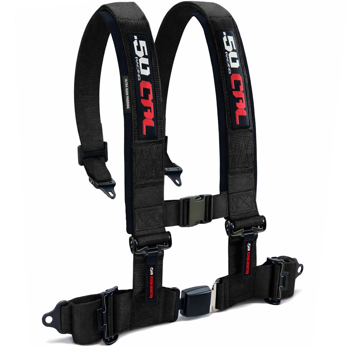 Stealth Black | Black | 50 Caliber Racing Pro Series 4-point UTV harness quick lock push button buckle black angled view