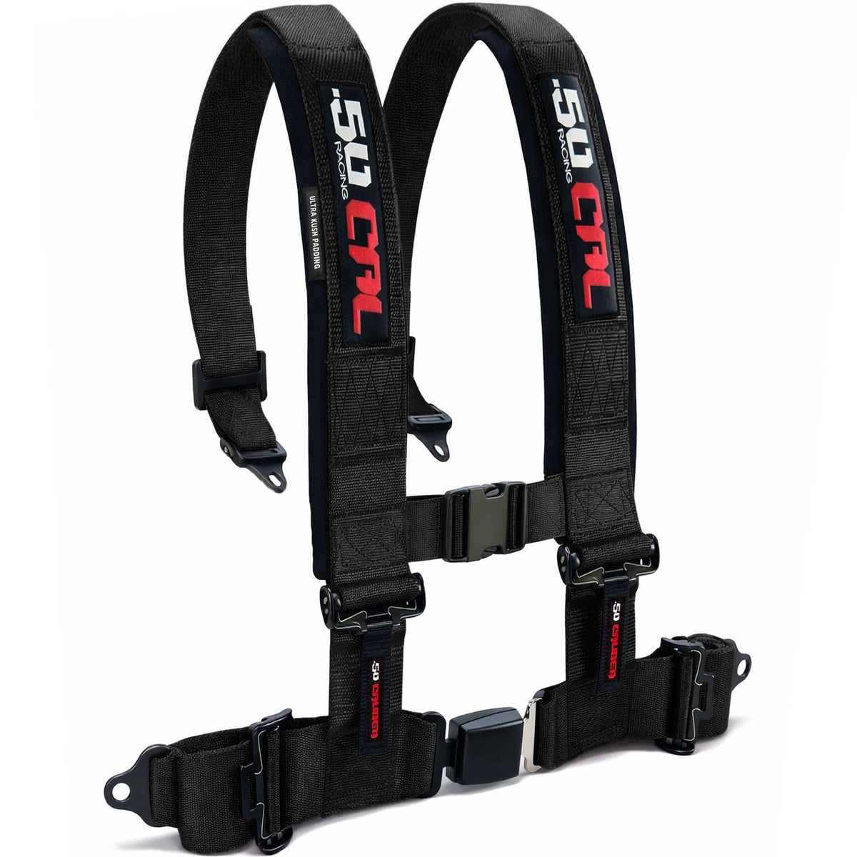 Stealth Black | 50 Caliber Racing Pro Series 4-point UTV harness quick lock push button buckle black angled view