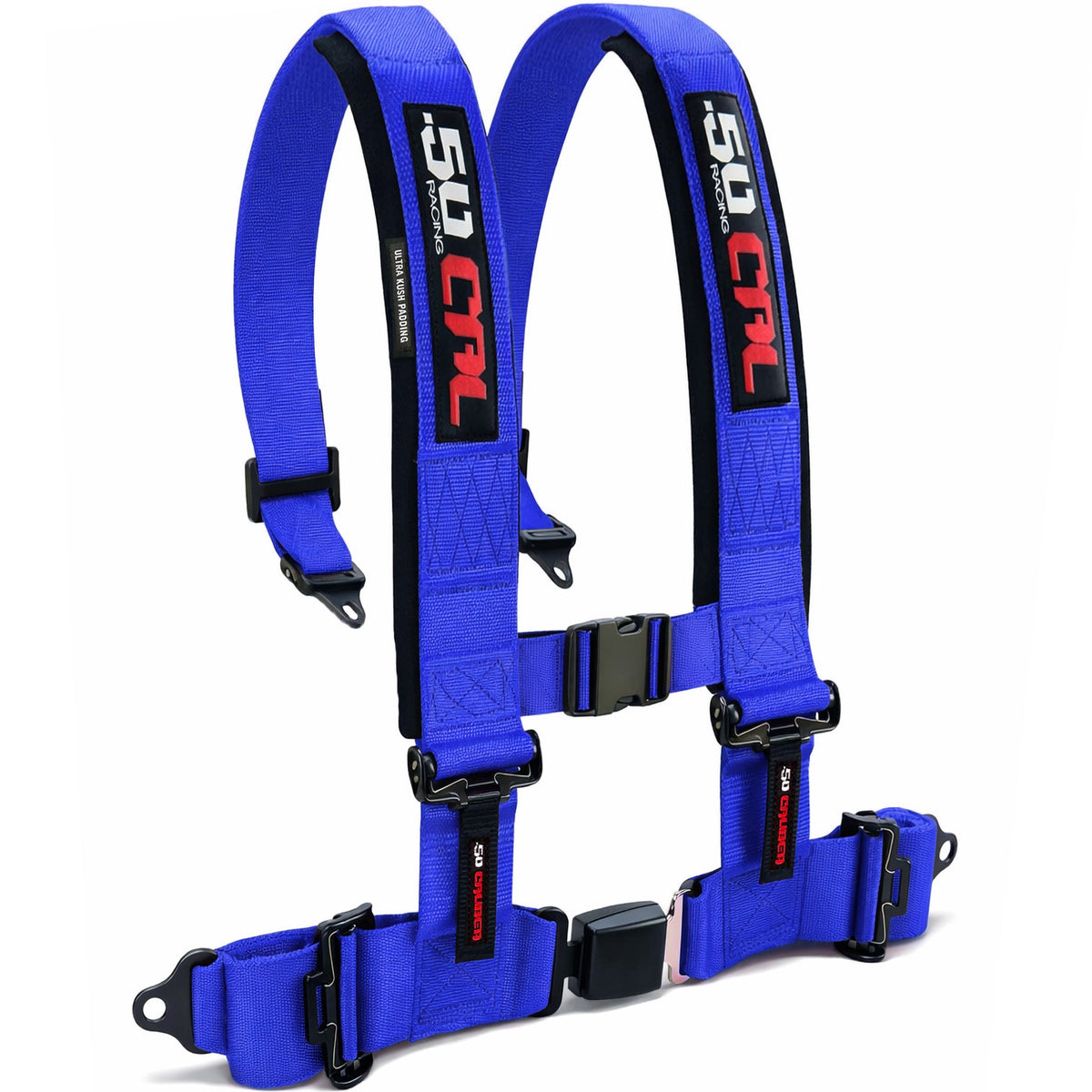 Nitro Blue | Blue | 50 Caliber Racing Pro Series 4-point UTV harness quick lock push button buckle Blue angled view