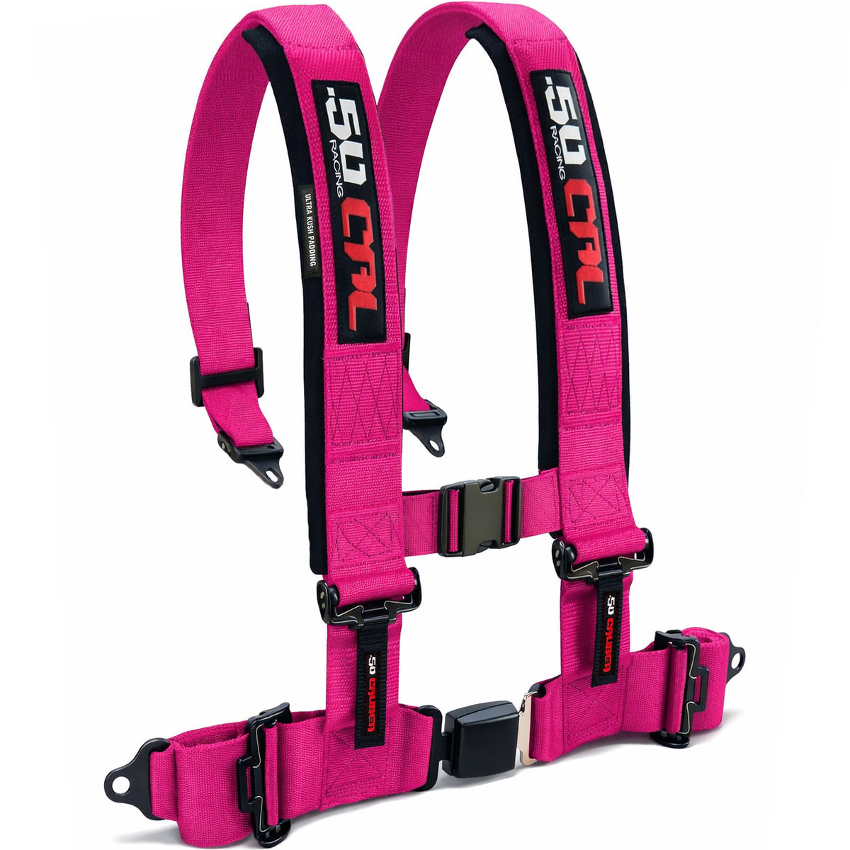 Rogue Pink | Pink | 50 Caliber Racing Pro Series 4-point UTV harness quick lock push button buckle pink angled view