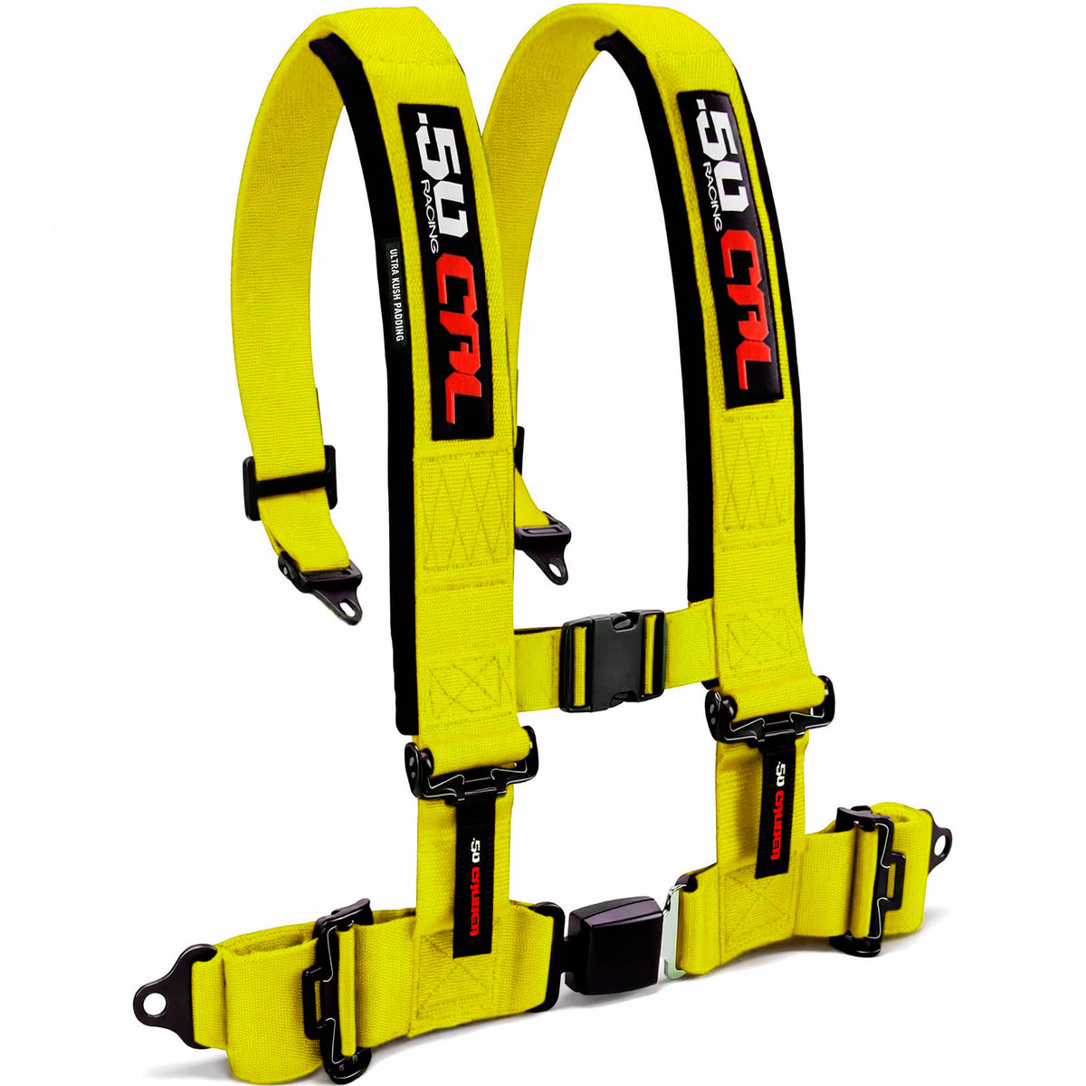 Highlighter Yellow | Yellow | 50 Caliber Racing Pro Series 4-point UTV harness quick lock push button buckle Yellow angled view