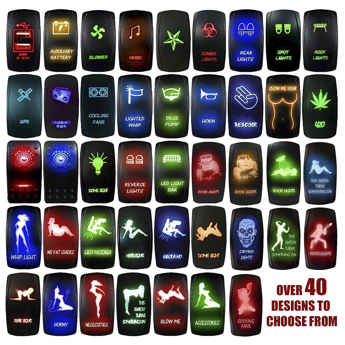 12V Off/On/On Rocker Switch Marine Grade LED Backlit In Many Colors | 50 Caliber Racing Rocker Switch – Multiple Styles and LED Color Options for UTV Dash Customization