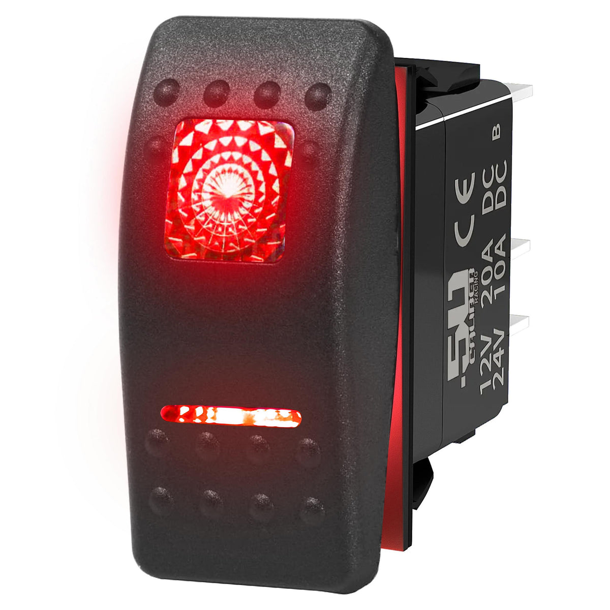 Red | 50 Caliber Racing Waterproof 12V Rocker Switch – Green LED 3-Way ON/OFF/ON for powering UTV Accessories