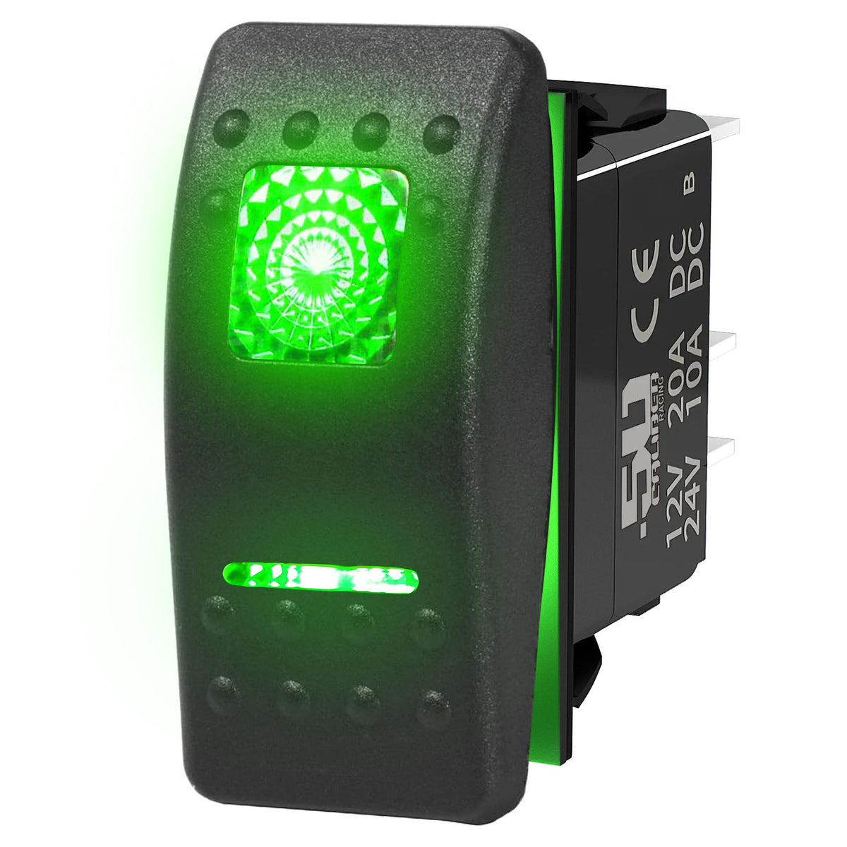 Green | 50 Caliber Racing 3-Position 12V Rocker Switch ON/OFF/ON – Red LED Carling Style Waterproof Switch for RZR X3 SXS