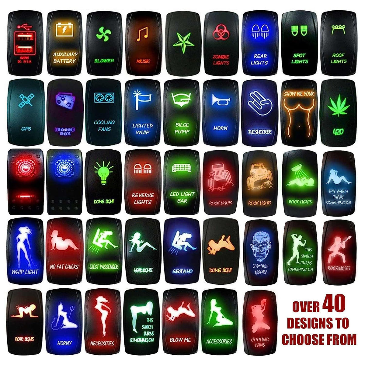 12V On/Off/On Rocker Switch Marine Grade LED Backlit In Many Colors | 50 Caliber Racing Rocker Switch Collection – Multiple Colors and Design Options for RZR X3 SXS