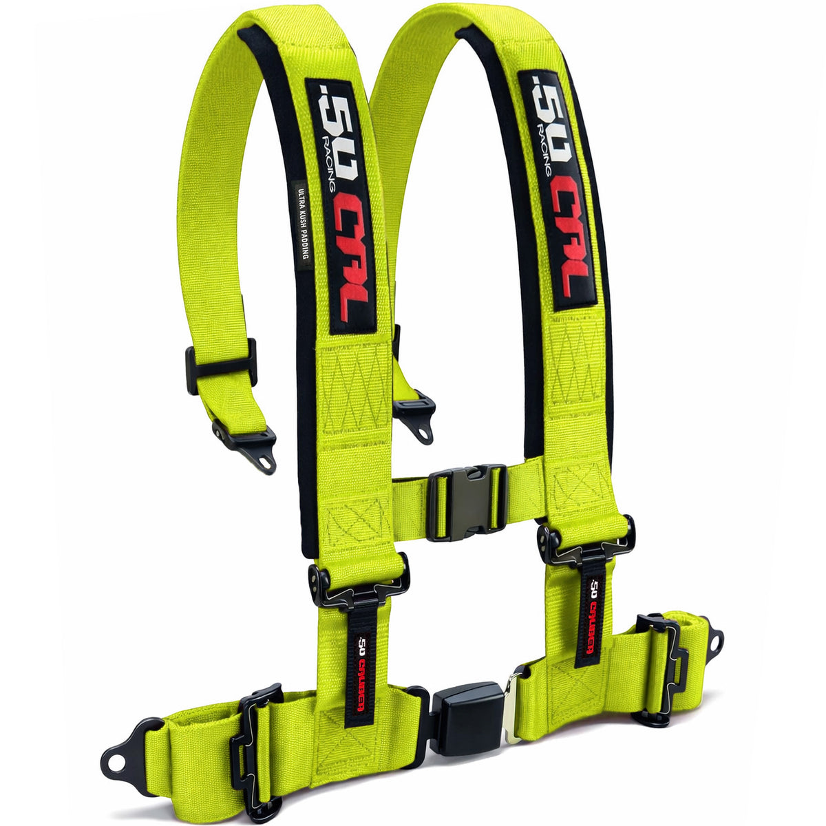 Fluorescent Green | Flourescent Green | Flourescent Yellow | Flourescent Green | 50 Caliber Racing Pro Series 4-point UTV harness quick lock push button buckle Fluorescent Yellow angled view