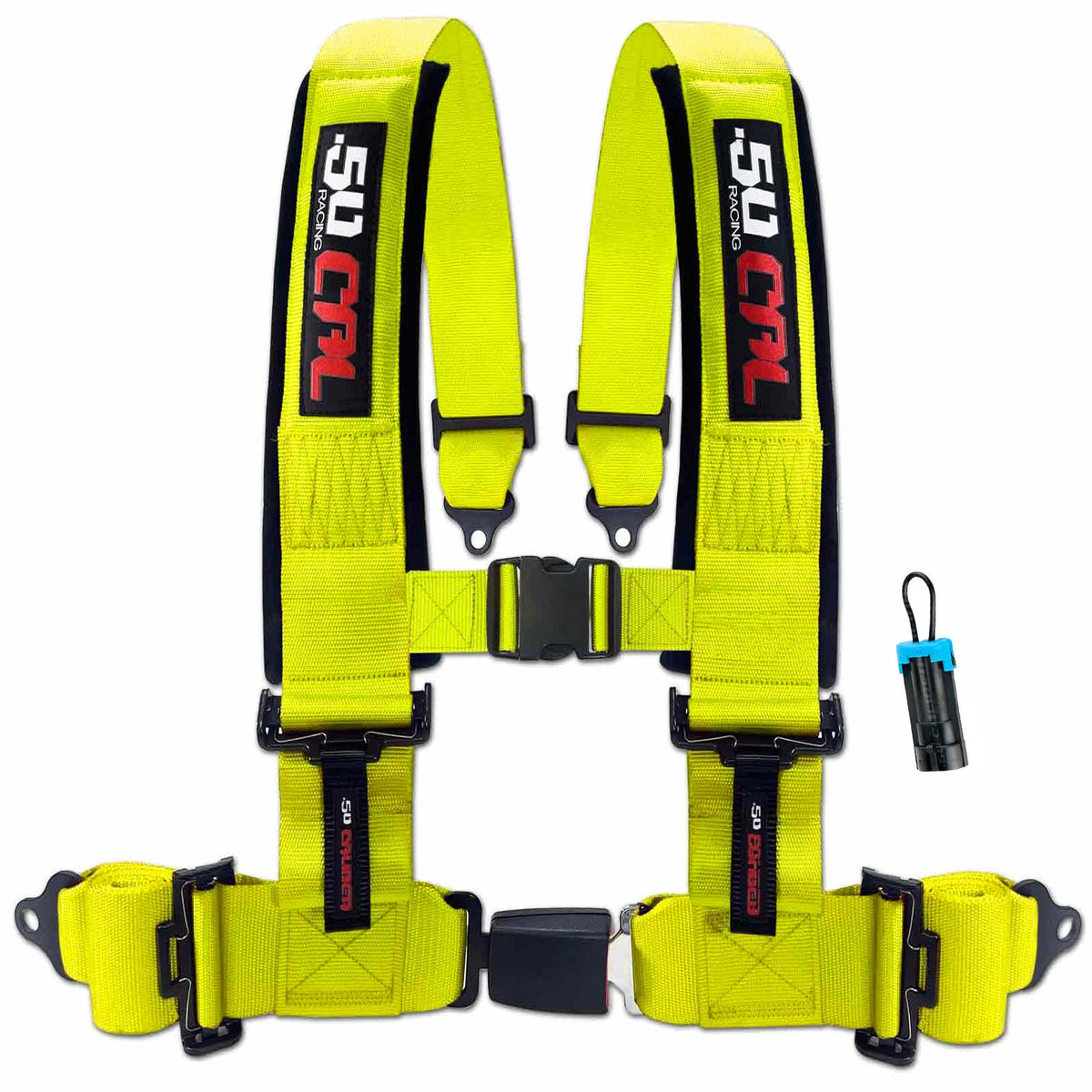 Highlighter Yellow | 50 Caliber Racing Pro Series yellow 4-point UTV harness with bypass for Polaris RZR and Can-Am Maverick X3