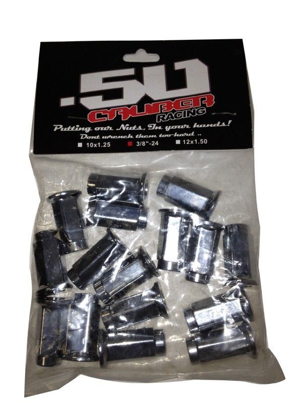10x1.25 Flat Lug Nuts with Chrome Finish - Set of 16 | 50 Caliber Racing Chrome 10mm x 1.25 Flat Lug Nuts 14mm Hex 19mm Round Base Hub Centric Set of 16 | Cover Image