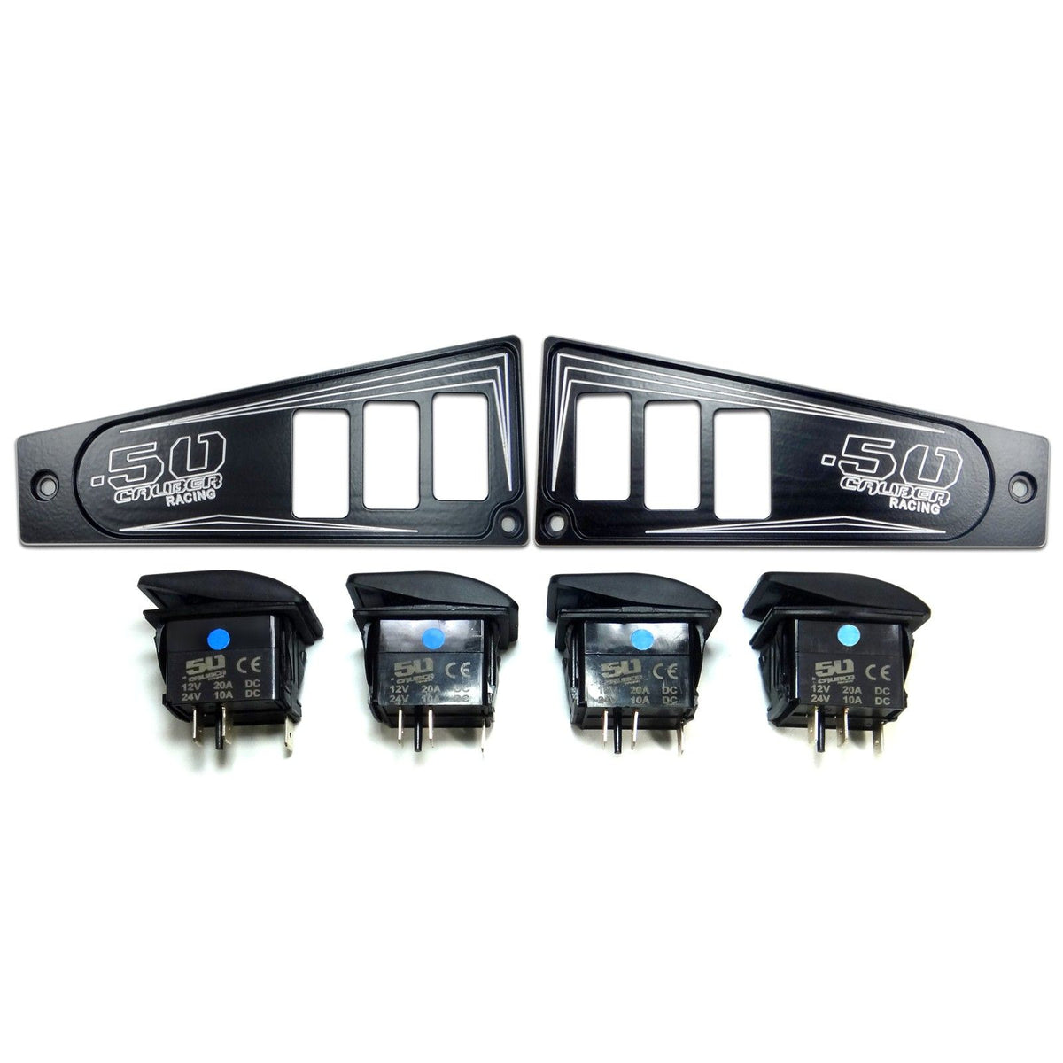 Black | Polaris Ride Command 6 Switch Dash Panel Black 2 Piece Combo with 4 Free Waterproof Carling Illuminated 12V Switches