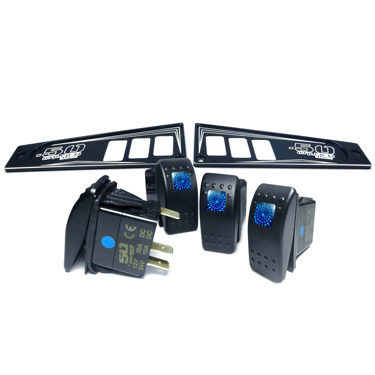 Black | Polaris Ride Command 6 Switch Dash Panel Black 2 Piece Combo with 4 Free Waterproof Carling Illuminated 12V Switches