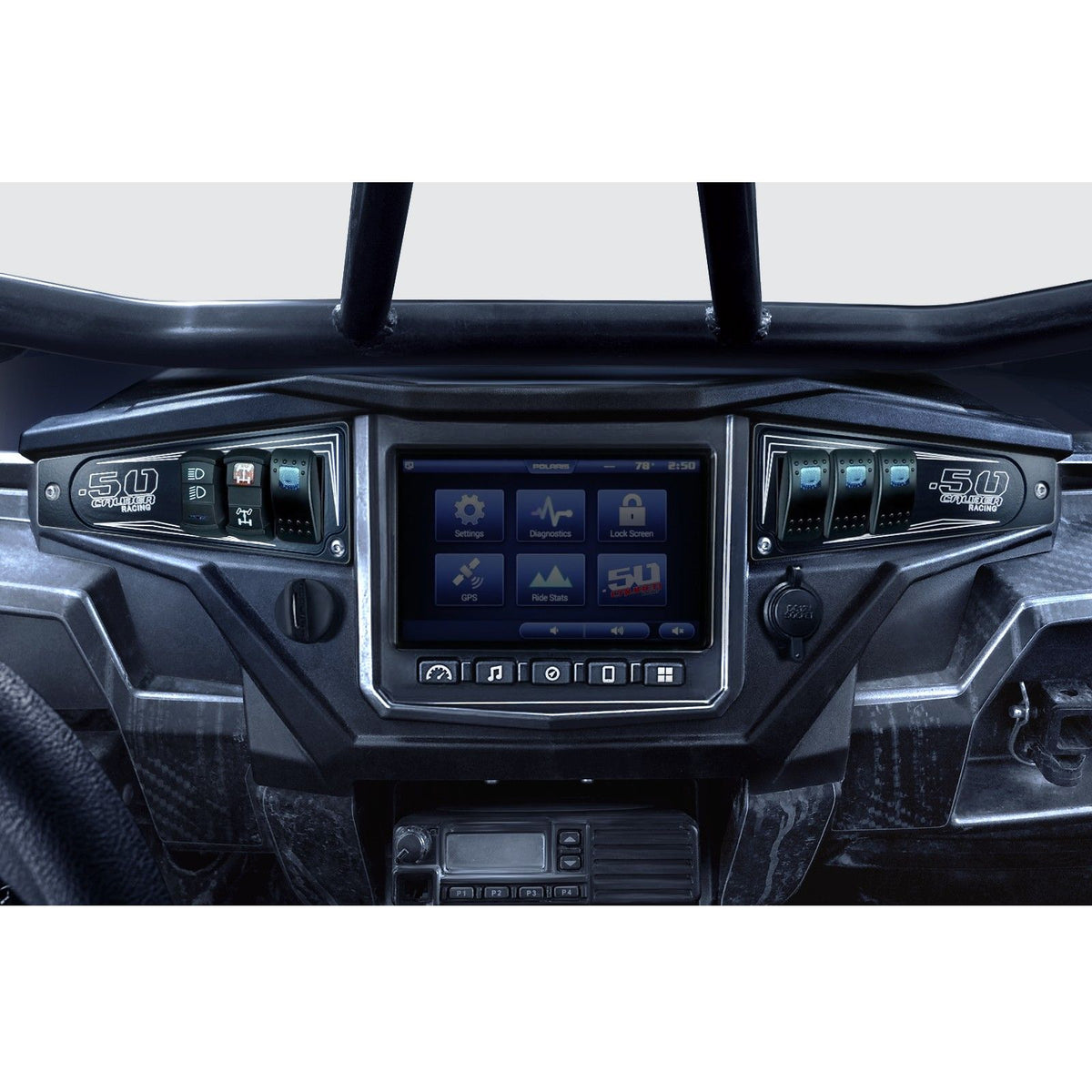Black | Polaris Ride Command 6 Switch Dash Panel Black 2 Piece Combo with 4 Free Waterproof Carling Illuminated 12V Switches
