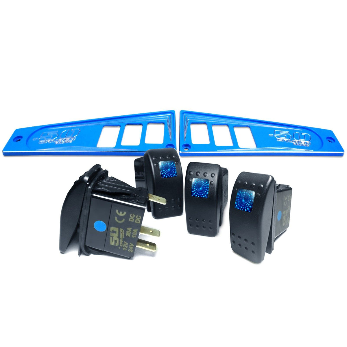 Voodoo Blue | Polaris Ride Command 6 Switch Dash Panel Voodoo Blue 2 Piece Combo with 4 Free Waterproof Carling Illuminated 12V Switches