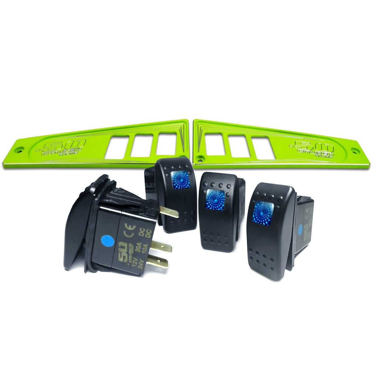 Lime Squeeze | Polaris Ride Command 6 Switch Dash Panel Lime Squeeze 2 Piece Combo with 4 Free Waterproof Carling Illuminated 12V Switches