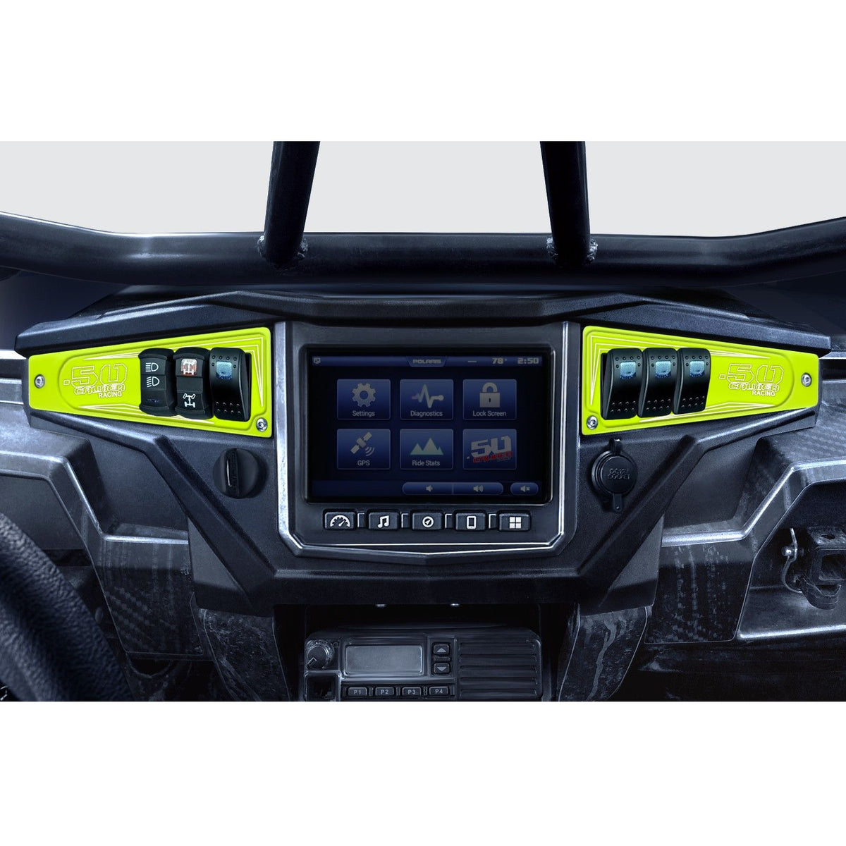 Lime Squeeze | Polaris Ride Command 6 Switch Dash Panel Lime Squeeze 2 Piece Combo with 4 Free Waterproof Carling Illuminated 12V Switches