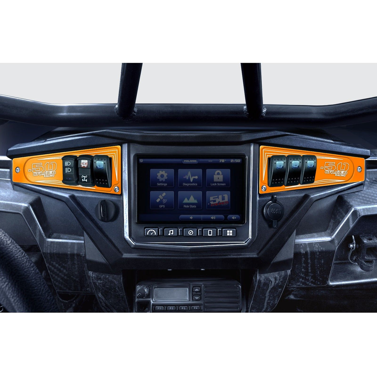 Orange | Polaris Ride Command 6 Switch Dash Panel Orange Madness 2 Piece Combo with 4 Free Waterproof Carling Illuminated 12V Switches