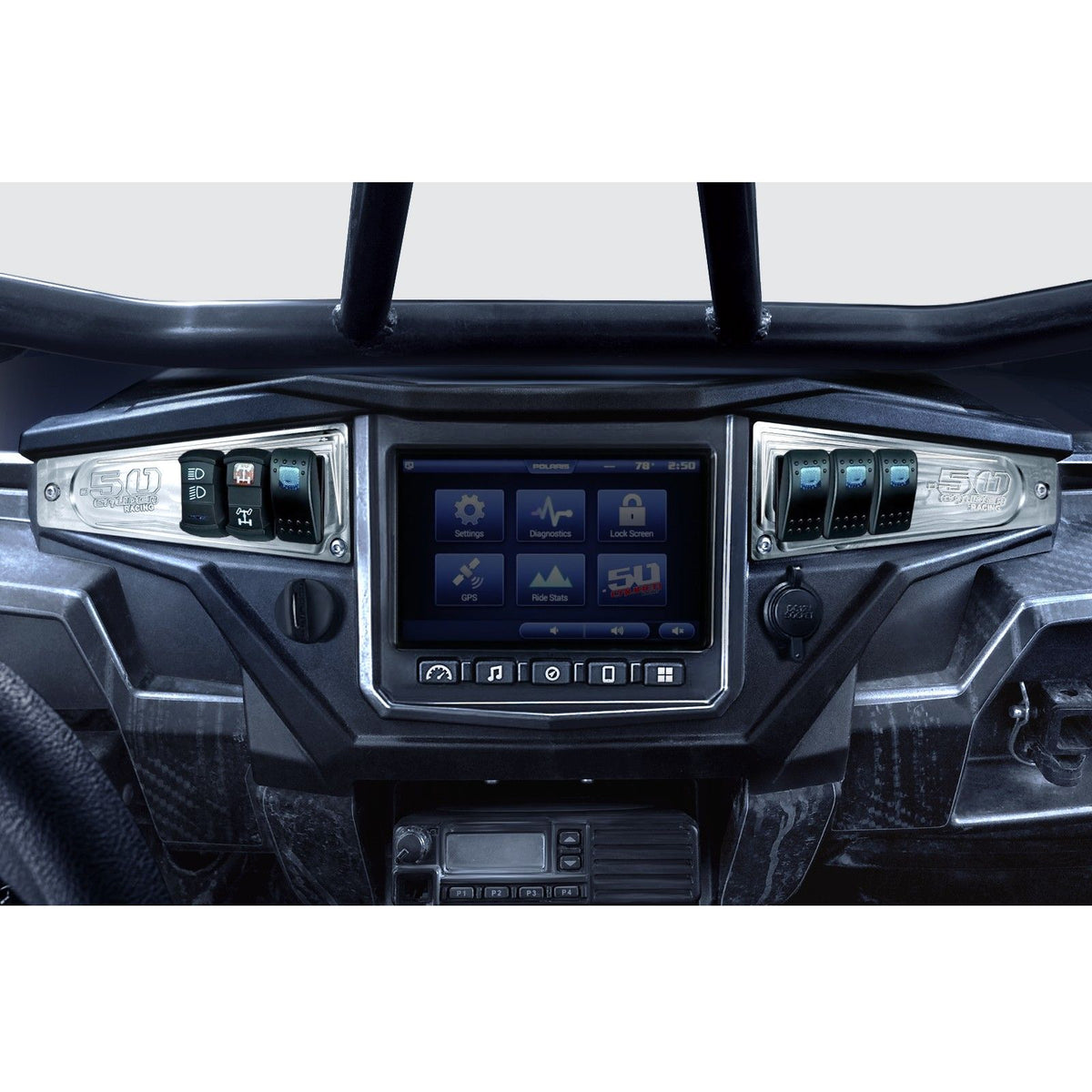 Raw Silver | Polaris Ride Command 6 Switch Dash Panel Raw Silver 2 Piece Combo with 4 Free Waterproof Carling Illuminated 12V Switches
