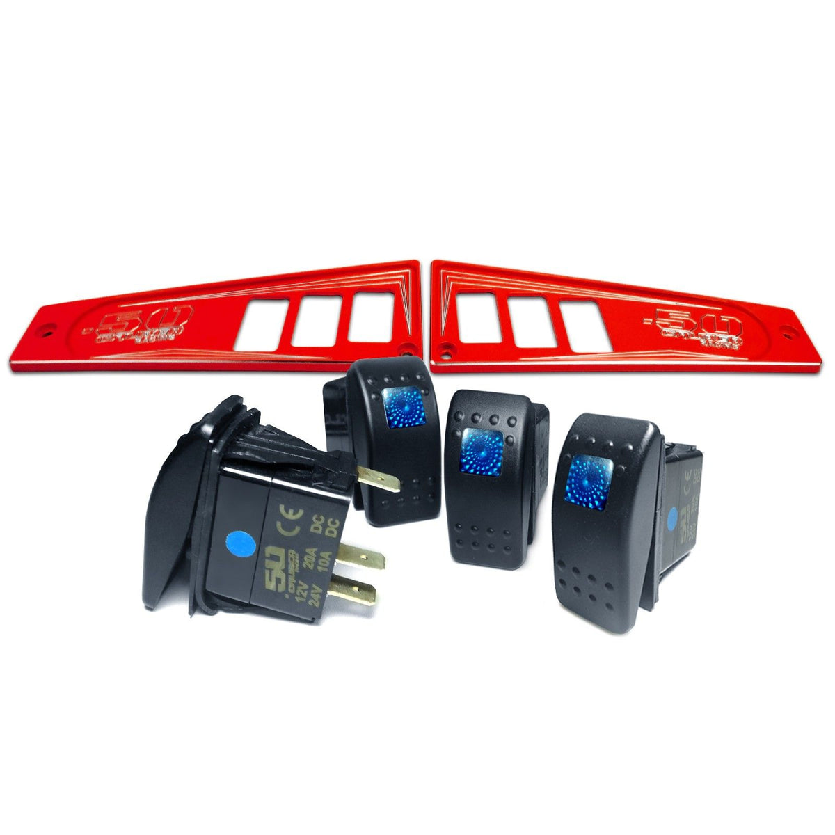 Red | Polaris Ride Command 6 Switch Dash Panel Red 2 Piece Combo with 4 Free Waterproof Carling Illuminated 12V Switches